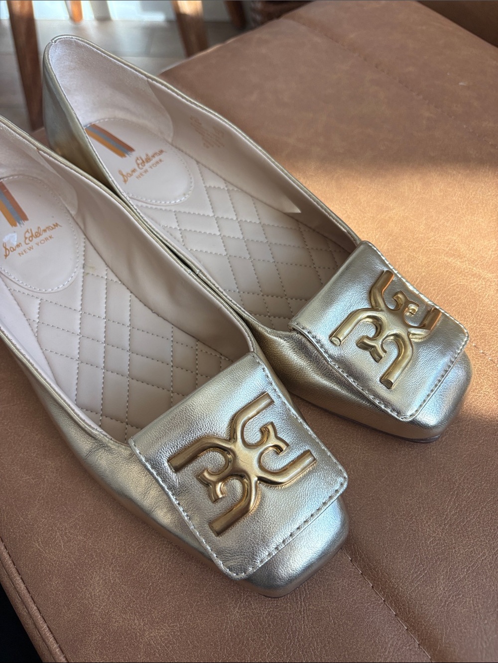 Sam Edelman Metallic Gold Quilted Logo Loafers